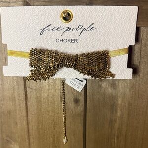 Free People Metallic Gold Beaded Bowtie Choker